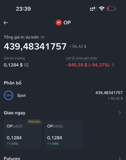 A dark-themed crypto portfolio screen showing the token 'OP' with an estimated value of 439.48341757 (~$56.42), an unrealized loss of -945.59$ (-94.37%), and 100% spot allocation.