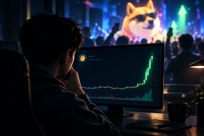 A person sits in a dark room watching a monitor displaying a green candlestick chart and a Dogecoin logo, with a Doge meme character and a crowd visible in the background.