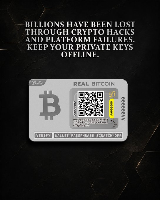 An advertisement for a "REAL BITCOIN" physical wallet card with a QR code and scratch-off passphrase, warning "BILLIONS HAVE BEEN LOST THROUGH CRYPTO HACKS AND PLATFORM FAILURES. KEEP YOUR PRIVATE KEYS OFFLINE."