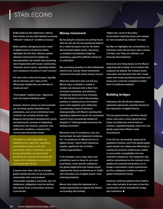 The image shows a magazine article titled "STABLECOINS" featuring quotes from industry figures including Robb Layfield of El-Baz and Chris Murrer of WolletConnect, who argue that without global regulatory interoperability, stablecoin adoption will be fragmented by separate reserve pools, compliance structures, and duplicative compliance stacks across jurisdictions.

The article directly supports the post's concern by highlighting that Murrer warns that "regulatory convergence becomes a race to a red cost" of duplicative compliance workflows and that institutions must decide whether stablecoin transactions will require "two sets of reserves, two sets of entities, and two sets of compliance stacks for the same value transaction" to avoid the same fragmentation risks that plague traditional cross-border finance.