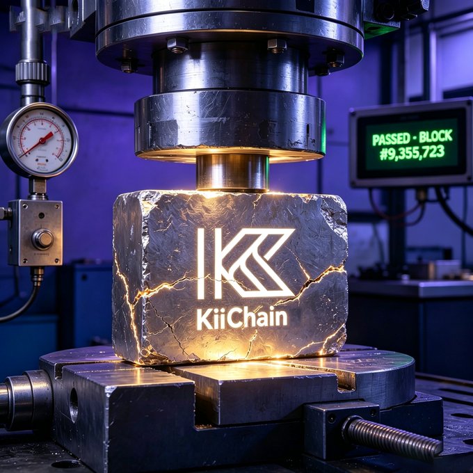 A metallic cube engraved with the 'KiiChain' logo sits in an industrial press machine, with a monitor in the background displaying 'PASSED - BLOCK #9,355,723'.