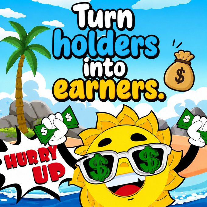 A cartoon sun wearing dollar-sign sunglasses holds cash and money bags on a tropical beach with a "HURRY UP" speech bubble, alongside the text "Turn holders into earners." The vibrant, urgency-driven graphic aligns with the post's pitch for the newly launched $SUMMER token, emphasizing its early entry opportunity and the need to act quickly in fast-moving crypto markets.