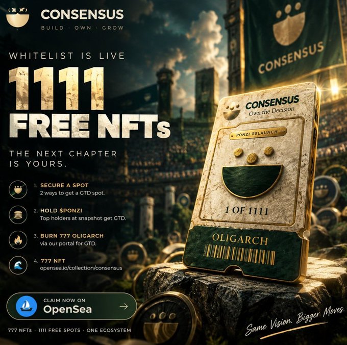 A promotional advertisement for 'CONSENSUS' featuring a gold 'Oligarch' card, offering '1111 FREE NFTS' and listing four ways to claim a spot via OpenSea.