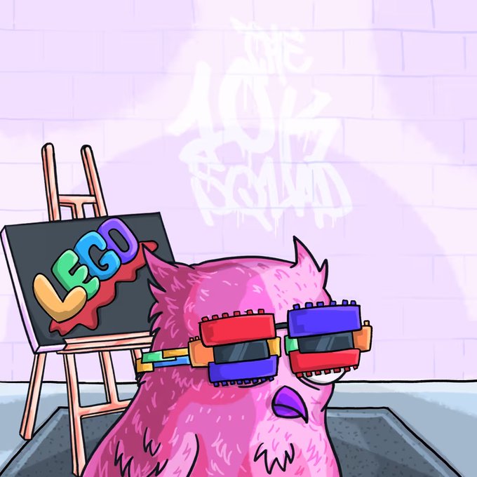 A cartoon illustration features a pink furry creature wearing colorful Lego-style glasses next to an easel with a 'LEGO' canvas and 'THE LOUD HOUSE' graffiti on the wall behind.