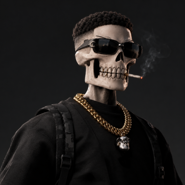 A stylized 3D-rendered skeleton character wearing sunglasses, a black shirt with backpack straps, and a gold chain with a skull pendant, smoking a cigarette.