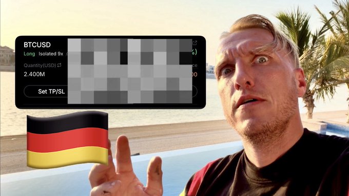 The image shows a man pointing at a blurred trading interface displaying a BTCUSD long position worth $2.400M, with a German flag emoji beside him, all set against a beach backdrop—suggesting the discovery of an old Bitcoin trade made while abroad in Germany.