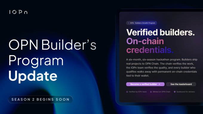 A promotional graphic announces an 'OPN Builder's Program Update' stating 'SEASON 2 BEGINS SOON', highlighting 'Verified builders. On-chain credentials.'