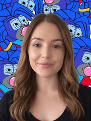 A portrait of a young woman with brown hair in front of a colorful patterned background with cartoon-like purple and pink faces.