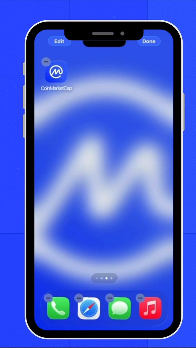 A smartphone displays an iOS home screen in edit mode, with the CoinMarketCap app icon appearing with a minus badge to allow removal, illustrating how the app integrates into a user's device. The screen shows the phone's wallpaper, dock apps (Phone, Safari, Messages, Music), and the "Edit" and "Done" buttons at the top, visually demonstrating the customizable widget setup mentioned in the post.