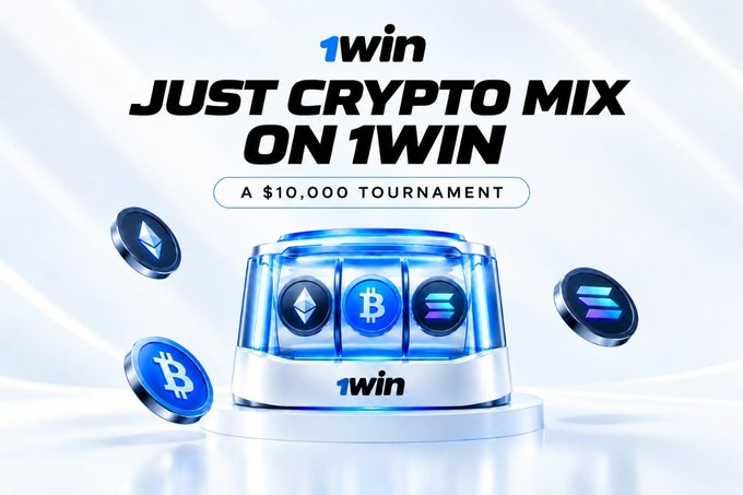 A promotional advertisement for 1win's 'Just Crypto Mix' tournament with a $10,000 prize pool, featuring a slot machine displaying Ethereum, Bitcoin, and Solana logos.