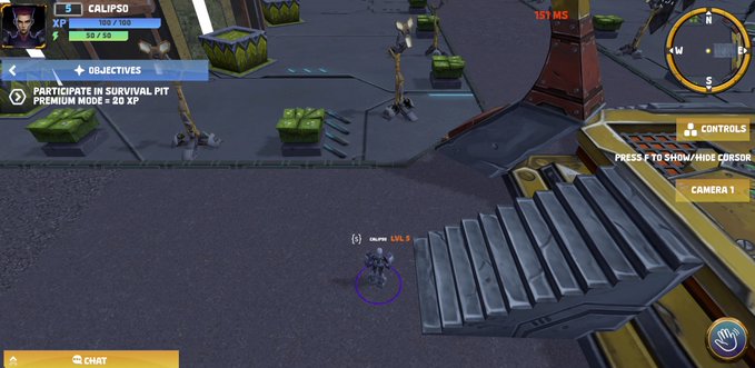 A player named "CALIPSO" (LVL-5) navigates an industrial sci-fi environment in NeuroVerse MMO, with objectives to "PARTICIPATE IN SURVIVAL PIT" for "PREMIUM MODE = 20 XP" and a 151 MS latency displayed, showcasing the MMO gameplay experience referenced in the post about Robinhood Chain's upcoming integration.