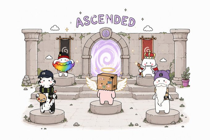A whimsical 'ASCENDED' illustration featuring cartoon characters in a magical archway, including a rainbow cat, a crown-wearing cat with a scepter, a wizard, and a central box-headed figure with wings and a halo.