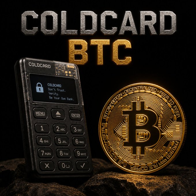 Promotional graphic for COLDCARD BTC hardware wallet, featuring a black device with keypad and a gold Bitcoin coin, with the slogan 'Don't Trust. Verify. Be Your Own Bank.'