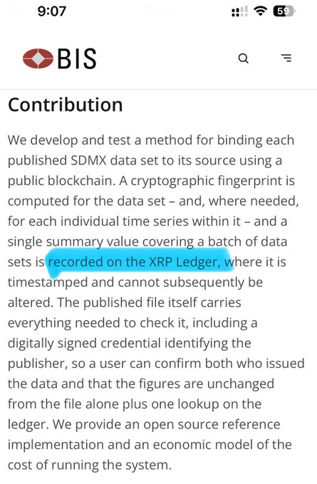 A mobile screenshot from an app titled 'BIS' showing an article about a method for binding SDMX data sets to their source using a public blockchain, with the phrase 'XRP Ledger' highlighted in blue.