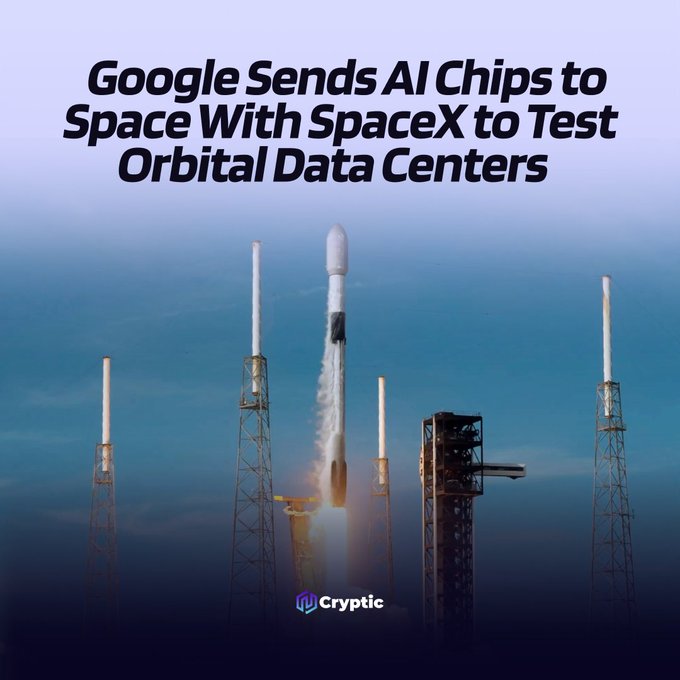 A SpaceX rocket launches into the sky from a launch pad, overlaid with the headline "Google Sends AI Chips to Space With SpaceX to Test Orbital Data Centers," with the "Cryptic" logo at the bottom—visually capturing Google's Project Suncatcher mission to test AI chips in space.