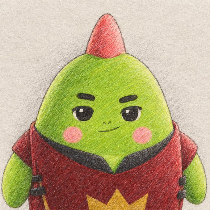 A colored pencil drawing of a green, pear-shaped character with a red mohawk, pink cheeks, and a smug expression, wearing a red garment with a yellow star design.