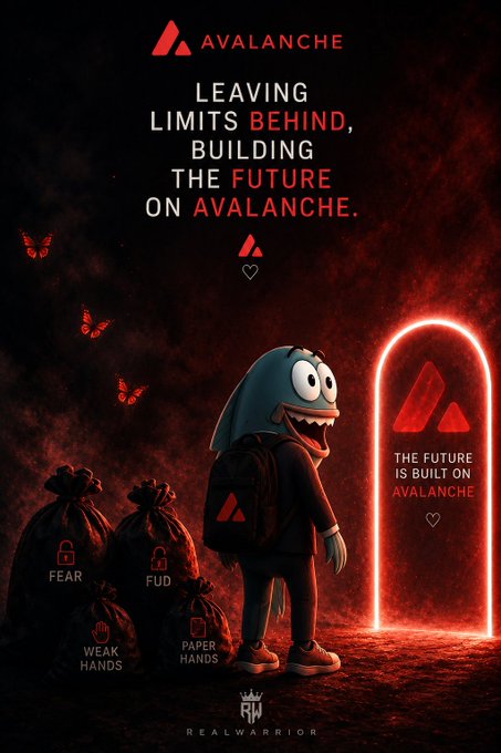 A stylized Avalanche (AVAX) promotional image featuring a cartoon shark-headed character standing before a glowing red portal labeled "THE FUTURE IS BUILT ON AVALANCHE," leaving behind bags marked "FEAR," "FUD," "WEAK HANDS," and "PAPER HANDS," with the tagline "LEAVING LIMITS BEHIND, BUILDING THE FUTURE ON AVALANCHE" and "REALWARRIOR" branding.

The image visually reinforces the post's message of overcoming doubt and embracing AVAX's future-building vision by depicting the character abandoning FUD and fear to step into a new, limitless frontier.