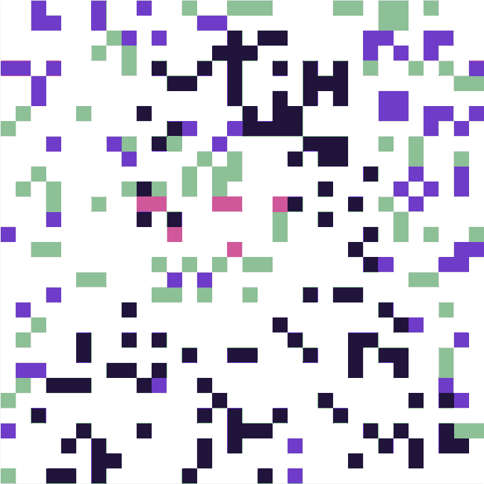 A pixelated pattern consisting of purple, green, and dark squares arranged in scattered clusters on a white background.