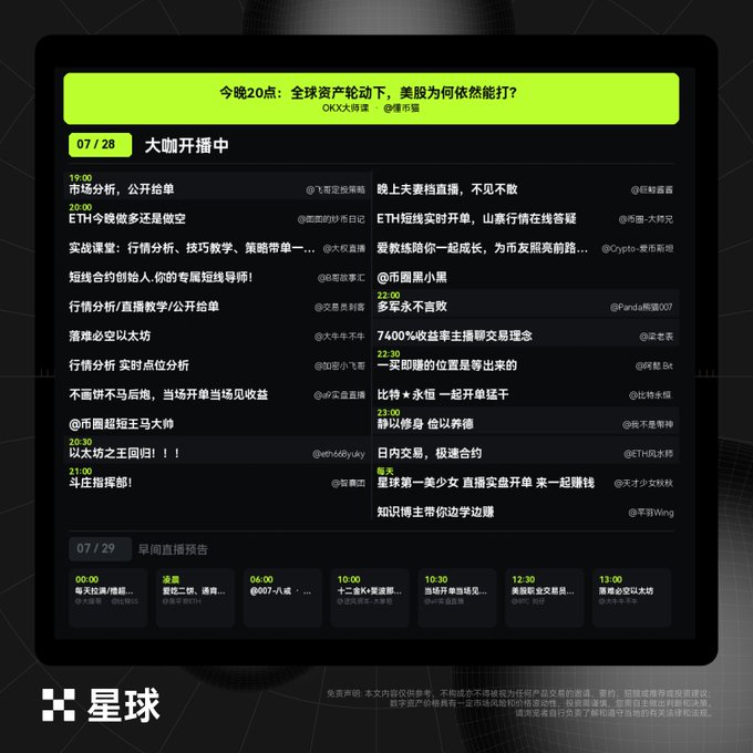 A Chinese streaming or event schedule platform called '星球' (Star/Planet) showing scheduled sessions for 07/28, with the featured topic '今晚20点：全球资产轮动下，美股为何依然能打？' about global asset rotation and US stocks.