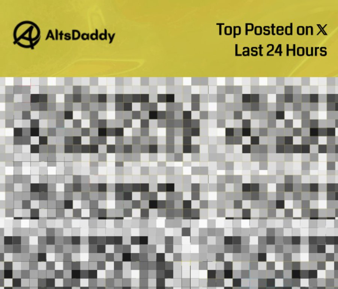 The image shows an "AltsDaddy" graphic with a yellow header stating "Top Posted on X Last 24 Hours" above a pixelated/mosaic image that obscures an altcoin's branding. The pixelation builds curiosity around which altcoin is trending #1 on X, fitting the post's teasing prompt asking followers to guess the identity.