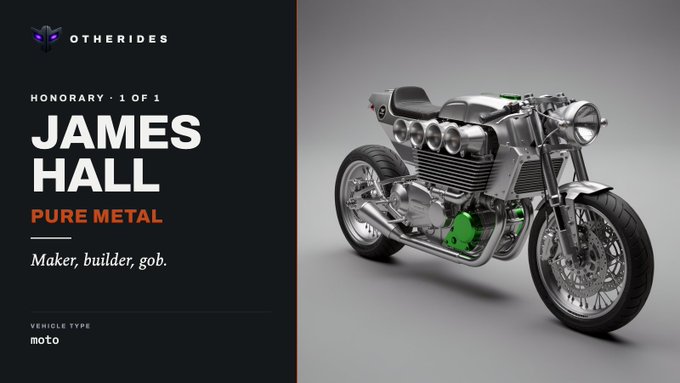 A promotional image for OTHERIDES featuring a polished custom metal motorcycle, with text reading 'JAMES HALL', 'PURE METAL', 'Maker, builder, gob.', and 'HONORARY · 1 OF 1'.