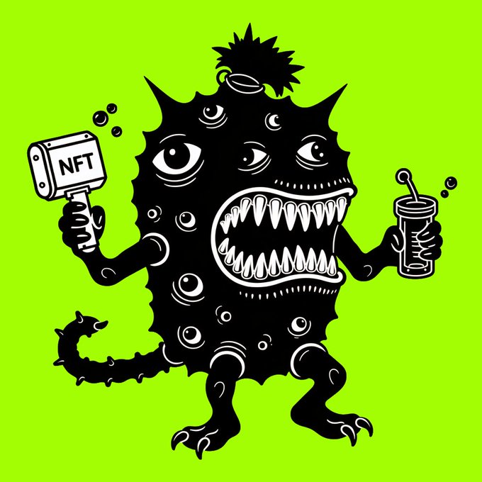 A black cartoon monster with spiky fur, multiple eyes, and sharp teeth holding an 'NFT' hammer and a cup on a bright green background.