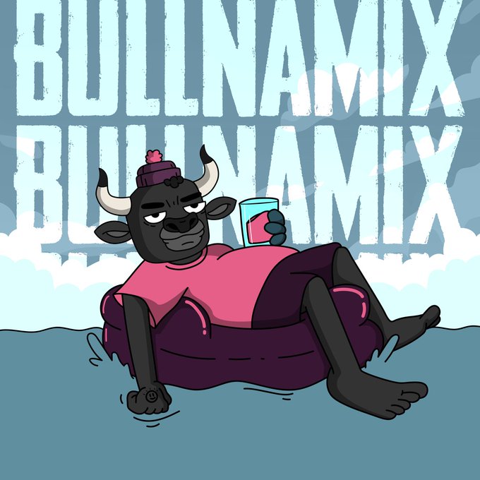 A cartoon illustration of a bull wearing a pink shirt and hat, lounging on a pink inflatable tube and holding a drink, with the text 'BULLNAMIX' repeated in large letters behind it.