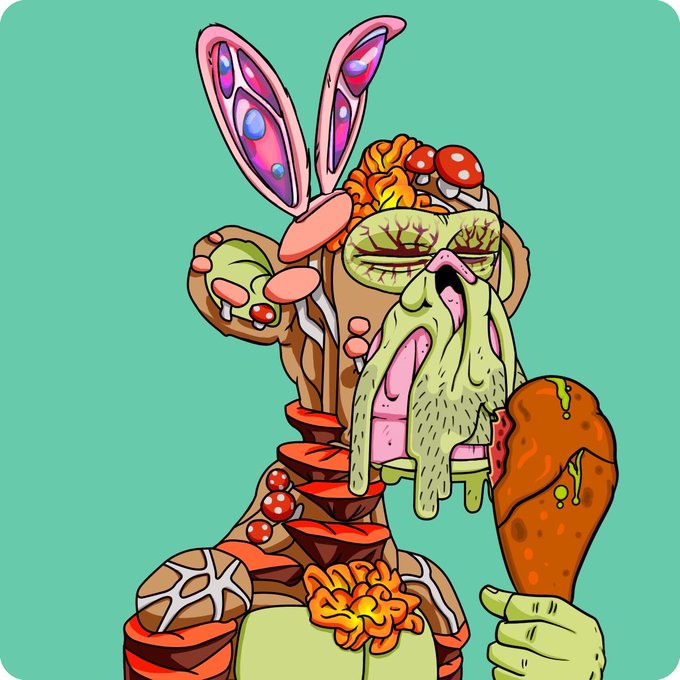 A grotesque cartoon character resembling a decomposed rabbit-like figure made of meat, mushrooms, and other organic matter, holding a piece of fried chicken against a teal background.