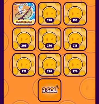 A mobile game screenshot displaying a grid of coin icons with power values ranging from 188 to 271, a '3 SOL' button, and a top-left weapon icon labeled 'Unshakable Hat' under '+45 POWER'.
