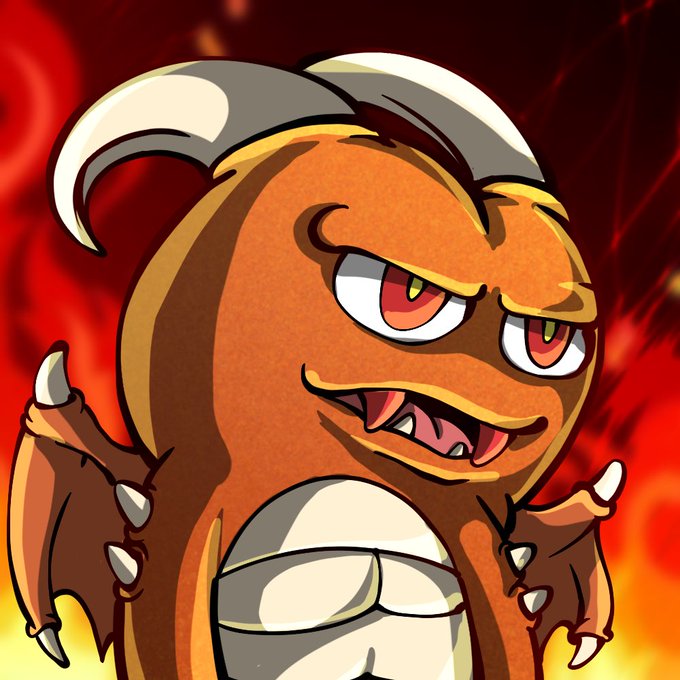 A cartoon illustration of an orange dragon-like monster with horns, claws, and sharp teeth smirking menacingly against a fiery red background.