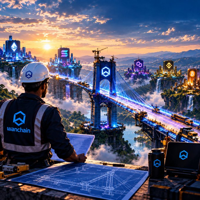 A worker in a hard hat and 'wanchain' branded vest overlooks a fantastical cyberpunk cityscape featuring suspension bridges, floating platforms with cryptocurrency logos, and a sunset sky.
