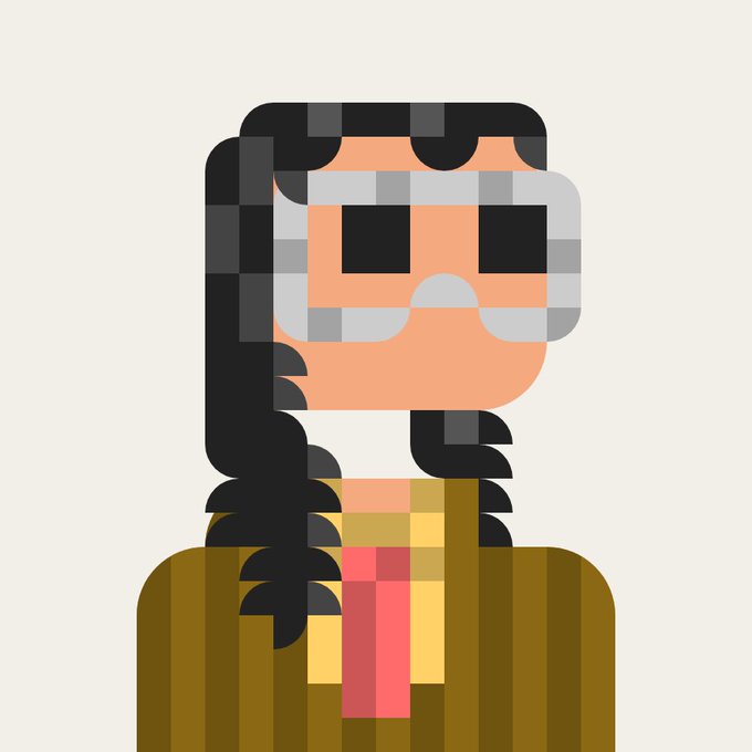 A pixel-art style character illustration on a beige background, showing an older figure with long dark hair, a gray beard, square glasses, and wearing a striped brown jacket with a colorful shirt underneath.