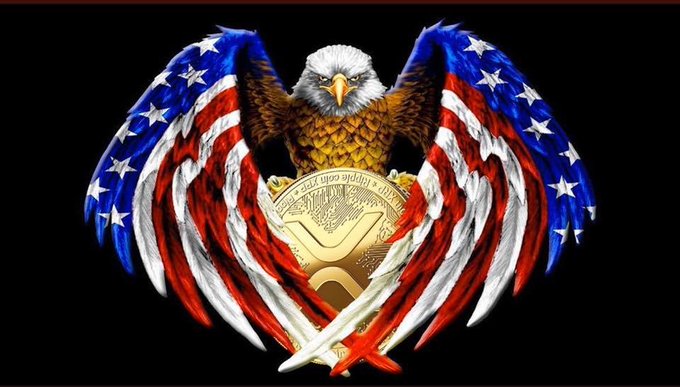 A patriotic illustration of a bald eagle with outstretched wings patterned with the American flag's stars and stripes, clutching a large gold coin with an embossed design on a black background.