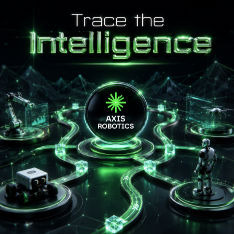 A futuristic graphic with the text 'Trace the Intelligence' displaying the 'AXIS ROBOTICS' logo surrounded by robotic figures connected by glowing green circuit-like pathways.