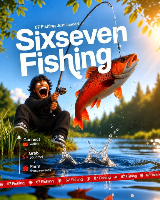 A stylized illustration shows a wide-mouthed cartoon angler reeling in a vibrant red trout from a sunlit lake, promoting "67 Fishing Just Landed" with prompts to "Connect wallet," "Grab your rod," and "Farm those rewards." The bold "Sixseven Fishing" title and red ticker tape repeating "67 Fishing" reinforce the playful Telegram Mini App theme referenced in the post about earning that elusive 5,000 reward.