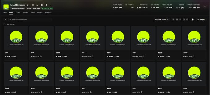 This image shows a gallery of "Retail Shrooms" NFTs on what appears to be an OpenSea-like marketplace, displaying 16 identical bright green and yellow mushroom-themed items priced at 0.024 ETH ($45) each, with a 30-day volume of 4.324 ETH and total volume of 6.824 ETH. The image aligns with the post noting the current floor price of 0.024 ETH for the collection, which is below the 0.033 ETH price mentioned in the caption.