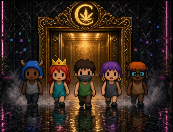 Five pixel-art characters standing in front of an ornate gold elevator door featuring a crescent moon and marijuana leaf emblem, surrounded by neon pink lighting and fog.