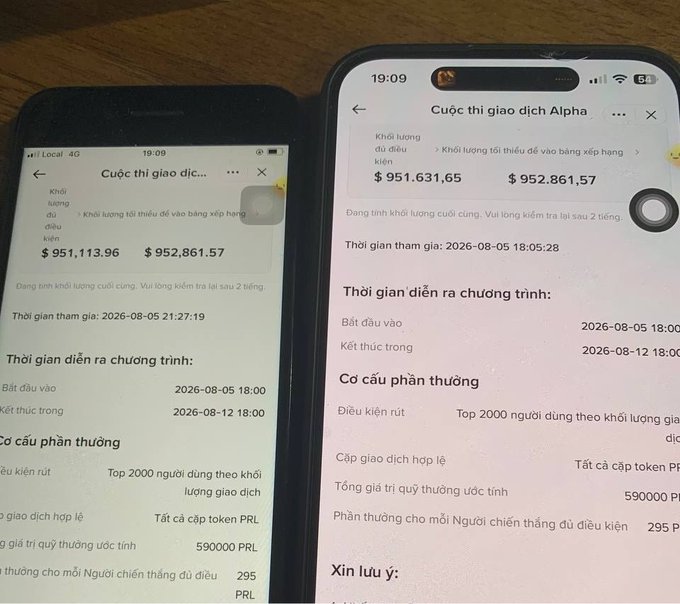 Two iPhones display a Vietnamese-language 'Cuộc thi giao dịch Alpha' (Alpha Trading Competition) screen showing volumes around $951,631-$952,861, with participation dates 2026-08-05 to 2026-08-12 and 295 PRL rewards.
