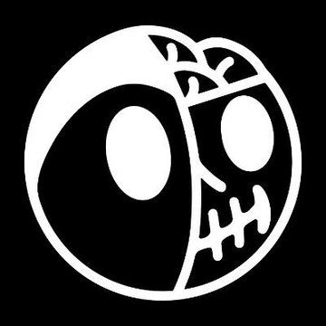 A black-and-white yin-yang style logo featuring two stylized skull-like faces with hollow eyes and stitched grins. The design visually represents the bridging of contrasting worlds, aligning with the post about BadBad's 5-year milestone and their expansion through 10AM Studios connecting IRL, Web2, and Web3.