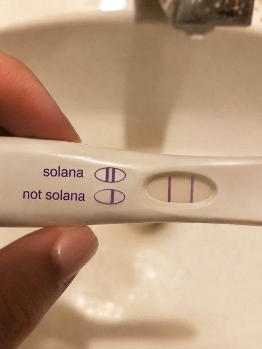 A hand holds a pregnancy test displaying two result windows labeled "solana" and "not solana," cleverly replacing the traditional "pregnant" and "not pregnant" labels as a humorous reference to a Solana investment returning positive.