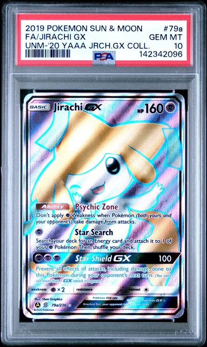 A PSA-graded 2019 Pokemon Sun & Moon Jirachi GX card (#79a) with a GEM MT 10 rating, encased in a protective slab.