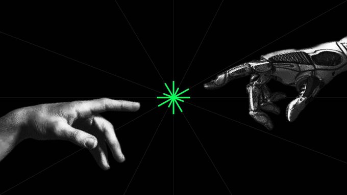 A black-and-white parody of Michelangelo's "Creation of Adam" depicting a human hand reaching toward a robotic hand, with a green loading star icon between them.