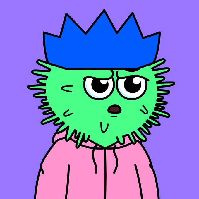 A cartoon illustration of a green creature with spiky fur, large expressive eyes, and a blue crown-like headpiece, wearing a pink hoodie against a purple background.