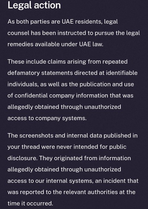 A legal statement titled "Legal action" addressed to UAE residents, mentioning claims arising from defamatory statements and unauthorized access to company systems.