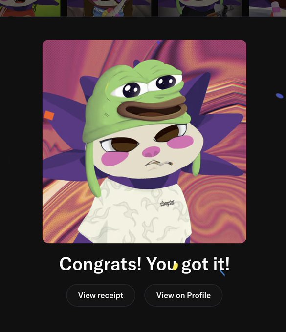 A digital card featuring a cartoon character with a green frog hat and an angry expression, with text reading "Congrats! You got it!" and buttons for "View receipt" and "View on Profile".