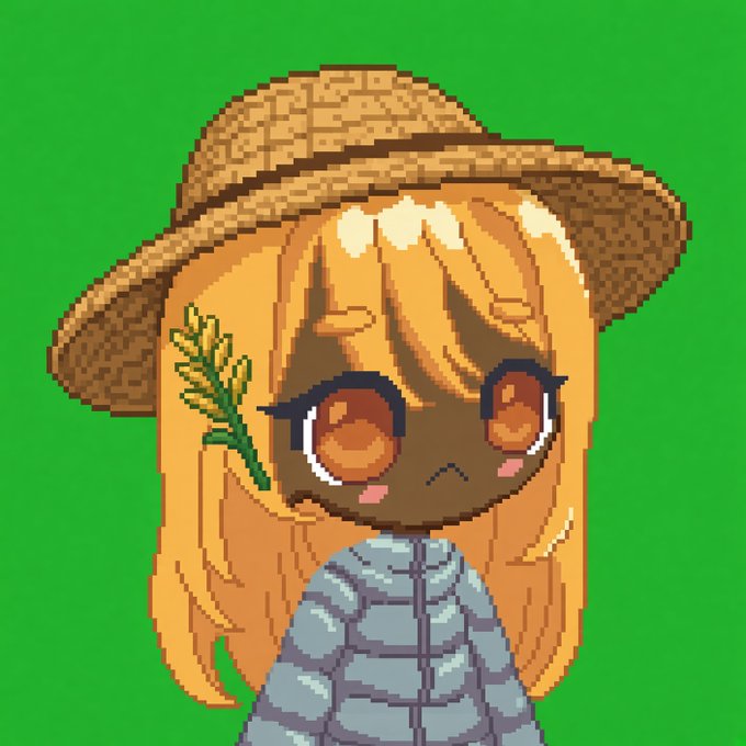 Pixel art character of a brown-skinned girl with long orange hair wearing a straw hat and a puffy blue jacket against a green background.