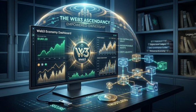 A futuristic Web3-themed workspace displays a "Web3 Economy Dashboard" on a curved monitor with the figure $1,851.20, alongside 3D holographic cubes representing a "Decentralized Vault," "Interoperable Assets," and "Deep Liquidity," all beneath the glowing heading "THE WEB3 ASCENDANCY – EMPOWERED OWNERSHIP." The image visually reinforces the post's message about securing digital assets like $XRP, $BTC, and $XLM in the "vault of the future," depicting Web3 as a fortified, high-tech ecosystem for protecting and growing one's crypto legacy.