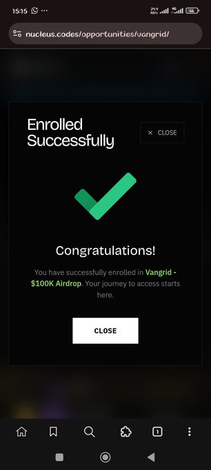 A mobile screenshot showing an 'Enrolled Successfully' confirmation page on nucleus.codes/opportunities/vangrid/ for the 'Vangrid - $100K Airdrop' with a green checkmark and Congratulations message.