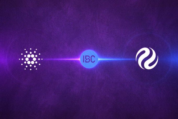 The image displays a graphic with three logos connected by glowing purple and blue light beams: the Cardano (ADA) logo on the left, an "ISC" emblem in the center, and the Injective (INJ) logo on the right, visually representing the newly established IBC connection between the Cardano and Injective blockchains on testnet.