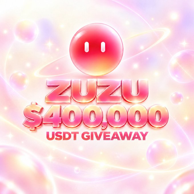 A glossy pink and gold promotional graphic announces a "ZUZU $400,000 USDT GIVEAWAY," featuring a red orb mascot above the bold, colorful text, which ties directly to the post offering 350 USDT to the fastest 3,000 participants.